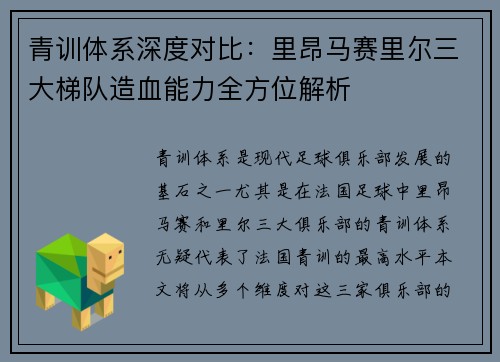 青训体系深度对比：里昂马赛里尔三大梯队造血能力全方位解析