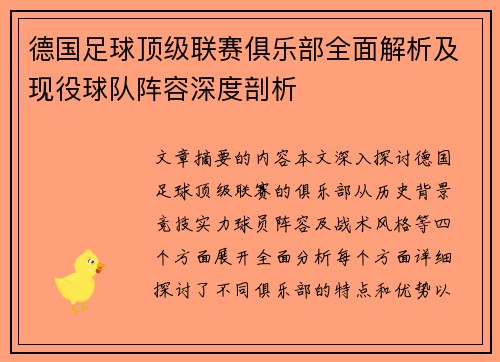 德国足球顶级联赛俱乐部全面解析及现役球队阵容深度剖析