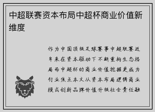 中超联赛资本布局中超杯商业价值新维度