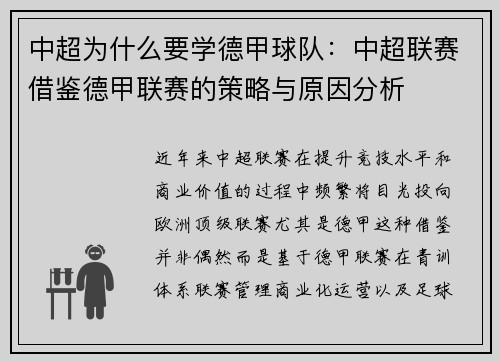 中超为什么要学德甲球队：中超联赛借鉴德甲联赛的策略与原因分析