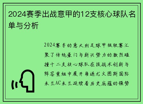 2024赛季出战意甲的12支核心球队名单与分析