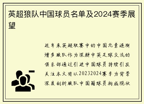 英超狼队中国球员名单及2024赛季展望